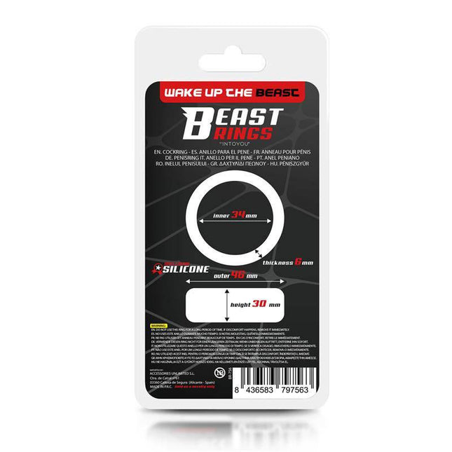 Packaging of Beast Rings Liquid Silicone Cock Ring 3.4 cm, showing design specifications and brand logo.