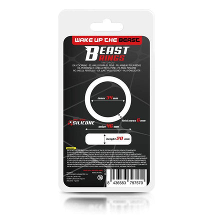 Packaging of Liquid Silicone Cock Ring 3.4 cm with product specifications and Beast Rings branding