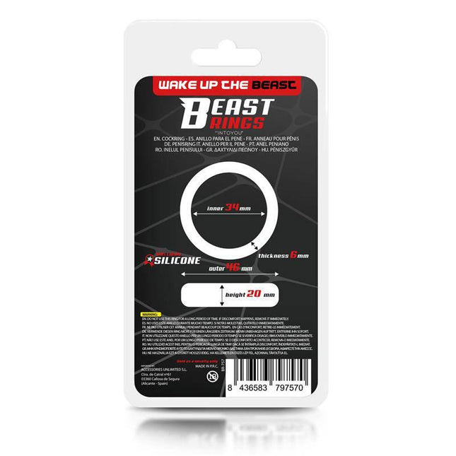 Packaging of Liquid Silicone Cock Ring 3.4 cm with product specifications and Beast Rings branding
