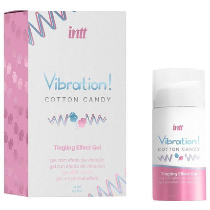 Liquid Vibrator Cotton Candy 15 ml product packaging with tingling effect gel, unisex intimate enhancement with natural ingredients.