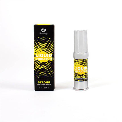 Liquid Vibrator Strong Stimulator 15 ml bottle and packaging, natural intimate gel for intense pleasure.