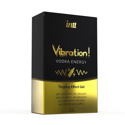 Liquid Vibrator Warm Effect Vodka Aroma 15 ml packaging featuring vibration and tingling effect gel in black and gold design.