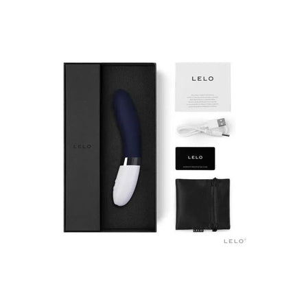 LIV 2 Blue rechargeable vibrator in packaging with accessories, featuring body-safe silicone and waterproof design for enhanced pleasure.
