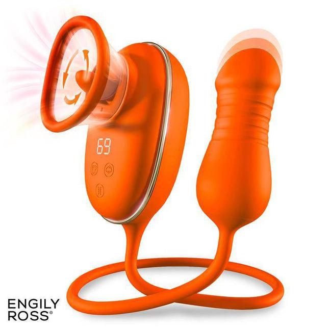 Lizer Pro Oscillating Tongue Stimulator, Vulva Pump, and Thrusting Egg by Engily Ross in vibrant orange design