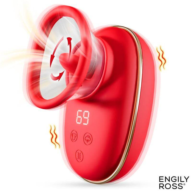 Lizer Stimulator with Licking, Vacuum Pump and Vibration in red with digital display, showcasing various modes and features.