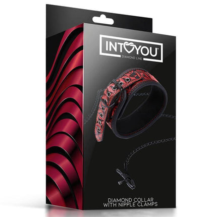 Diamond Line Collar with Nipple Clamps in Diamond Vegan Leather packaging.