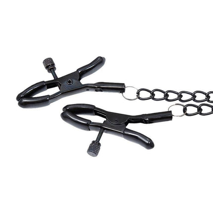 Black metal llar with Nipple Clamps Diamond Vegan Leather featuring a sturdy chain for secure fit in BDSM sessions.