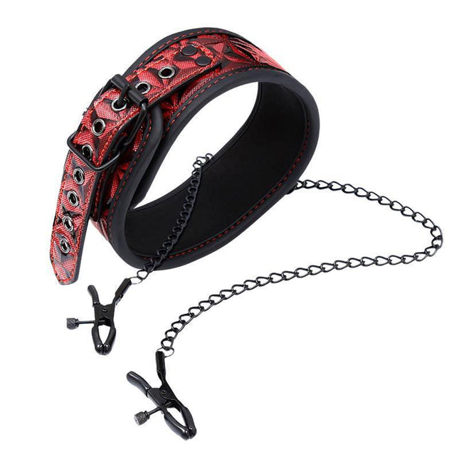 Llar with Nipple Clamps Diamond Vegan Leather, luxury BDSM collar with metal chain, premium vegan leather, safety-focused design