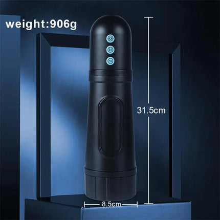 Locker Masturbator with Vibrating and Sucking Efect, showing weight 906g and dimensions 31.5cm height, 8.5cm width