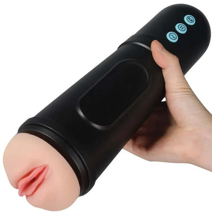 Locker Masturbator with Vibrating and Sucking Efect, featuring realistic design and ergonomic controls, held in a hand for demonstration.