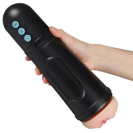 Locker Masturbator with Vibrating and Sucking Efect in hand showing design and control buttons.