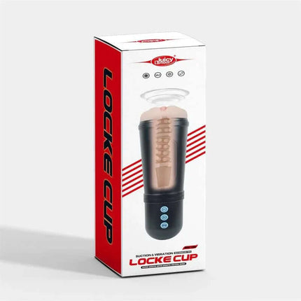 Locker Masturbator with Vibrating and Sucking Efect product packaging showing realistic design and adjustable settings