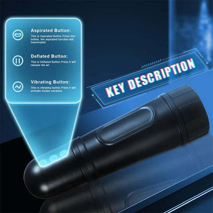 Locker Masturbator with Vibrating and Sucking Efect showcasing controls for aspiration, deflation, and vibration functions.