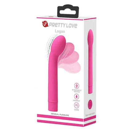 Logan Vibe Pink Vibrating Sex Toy in packaging with 10 vibration functions for customizable pleasure
