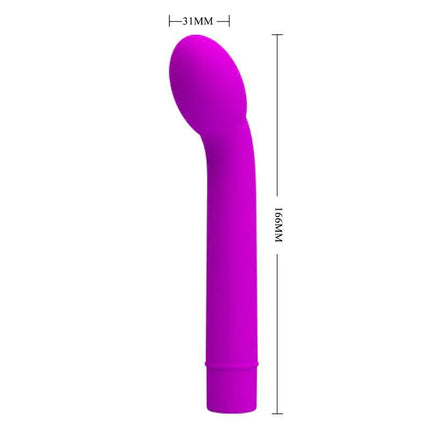 Logan Vibe Purple silicone vibrator with ergonomic design and 10 vibration functions for customizable solo or couples play. Dimensions shown.