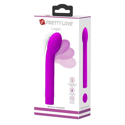 Logan Vibe Purple silicone vibrator with 10 functions in ergonomic shape displayed in packaging.