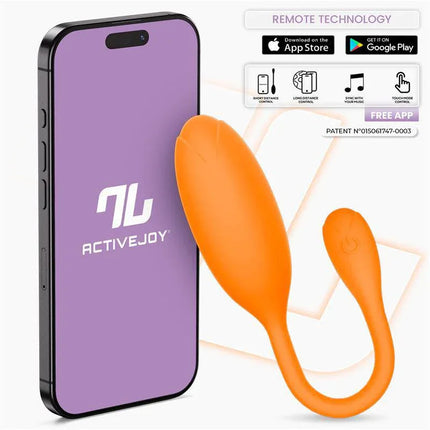 Logan Vibrating Egg with App Unibody Silicone Orange next to smartphone showcasing app control features.