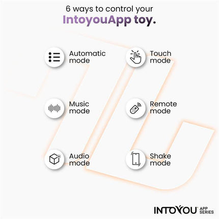 Infographic showing 6 control modes for IntoyouApp toy: Automatic, Touch, Music, Remote, Audio, and Shake.