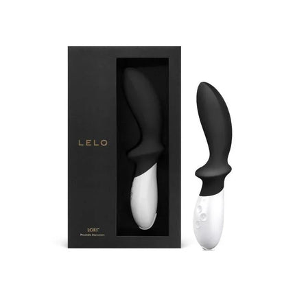 LOKI Obsidian Black vibrator with ergonomic curved design and packaging, featuring six vibration functions for prostate stimulation.