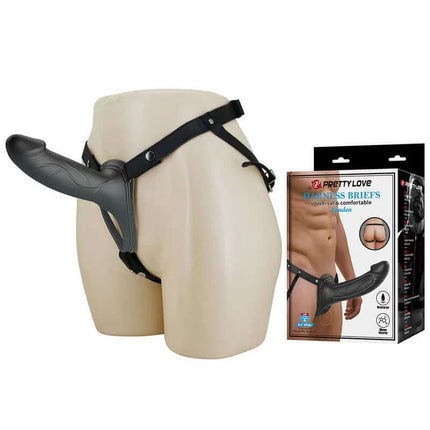 London Universal Strap-On Harness with Hollow Dildo 6.6 featured with packaging and worn on mannequin