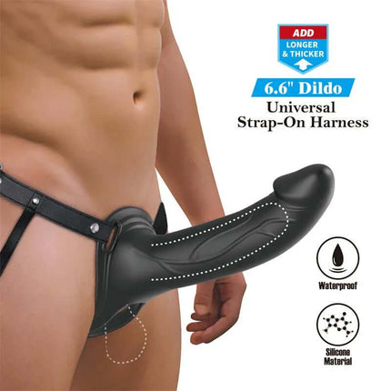 London Universal Strap-On Harness with Hollow Dildo 6.6 on a model showing adjustable straps and waterproof features.