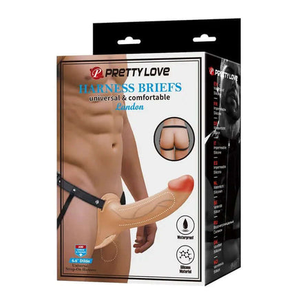 Packaging of London Universal StrapOn Harness with Hollow Dildo 6.6 featuring adjustable nylon straps and soft inner lining.