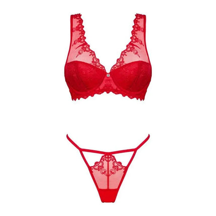 Lonesia Lace Bra Set With Thong in red, featuring a lace underwired bra and matching thong for a seductive and coordinated look by Obsessive.