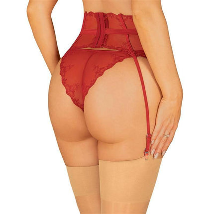 Woman wearing Lonesia Lace Suspender Belt in vivid red with lace detailing and adjustable straps, showcasing elegant and seductive design.