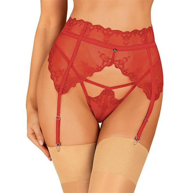 Woman wearing Lonesia Lace Suspender Belt in vivid red with lace detailing and adjustable straps for a seductive look.