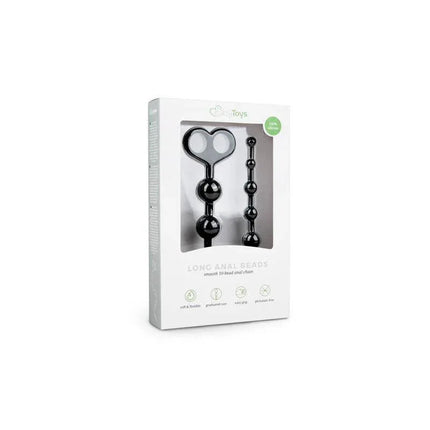 Long Anal Beads Black in packaging, featuring a flexible, soft design with multiple beads for comfortable anal play.