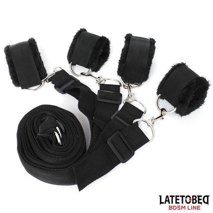 Long Velvet Bed Bondage Restraints Adjustable with velcro handcuffs for secure BDSM play, from Latetobed BDSM Line.