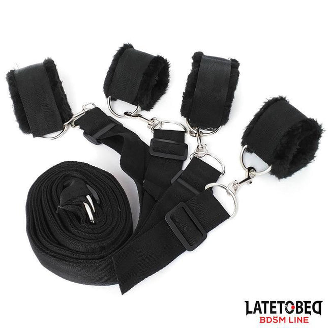 Long Velvet Bed Bondage Restraints Adjustable with velcro handcuffs for secure BDSM play, from Latetobed BDSM Line.