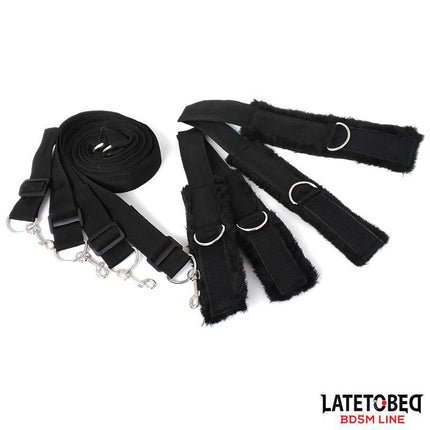 Long Velvet Bed Bondage Restraints Adjustable with black velcro handcuffs and straps from Latetobed BDSM Line