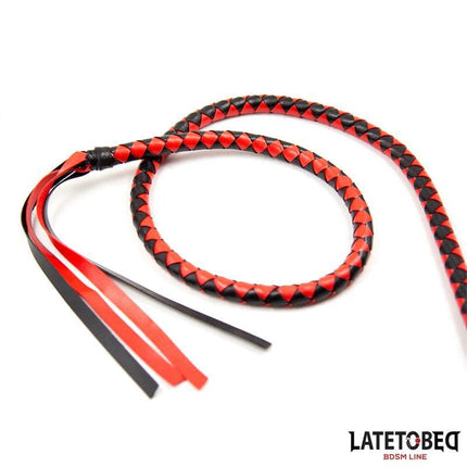 Long Whip Blacl and Red 210cm BDSM accessory with sleek, balanced design for precision and control in intimate settings.