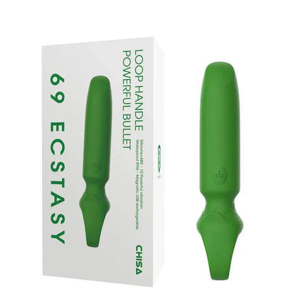 Loop Handle Powerful Vibrating Bullet in packaging, green massager with loop handle for comfortable grip and 10 vibration patterns.
