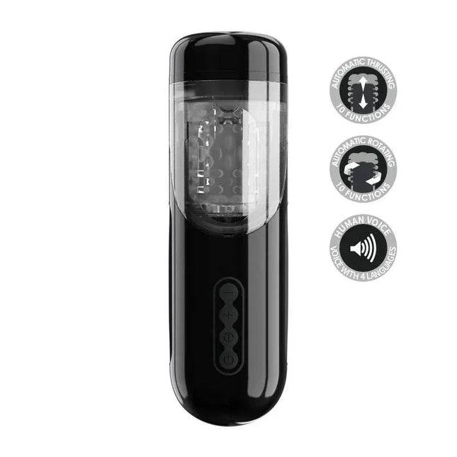 Lorelei Rotating and Thrusting Masturbator with Sex Talk featuring multiple functions and voice settings.