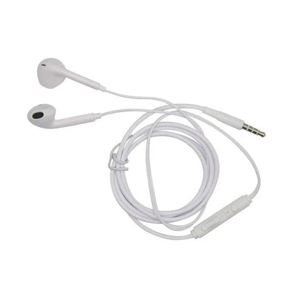 White wired earbuds with 3.5mm jack and in-line control, coiled on a white background.