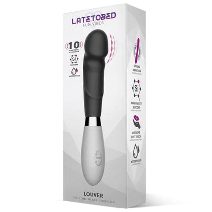 Louver Vibe Silicone Black vibrator in packaging showcasing 10 vibration functions and ergonomic design.