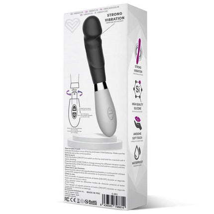 Louver Vibe Silicone Black vibrator packaging, featuring 10 functions and ergonomic handle for comfortable use.