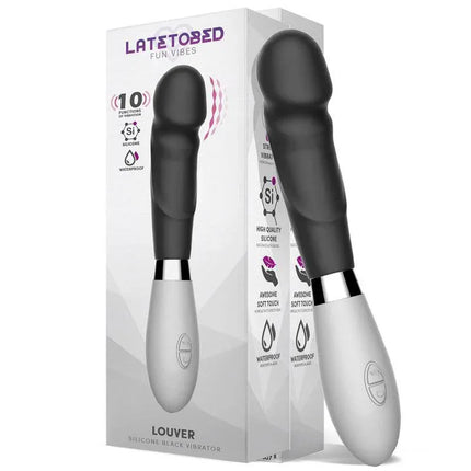 Louver Vibe Silicone Black vibrator with ergonomic handle and 10 vibration functions, shown with packaging, offering intense pleasure options.