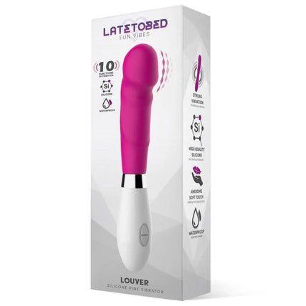 Louver Vibe Silicone Pink in packaging, features 10 vibration functions, ergonomic handle, smooth silicone body, and realistic tip.