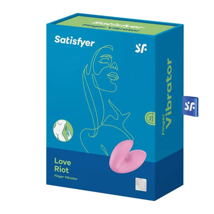 Love Riot Pink finger vibrator in box, gender neutral, 12 functions, powerful motor, high-quality silicone for versatile stimulation.