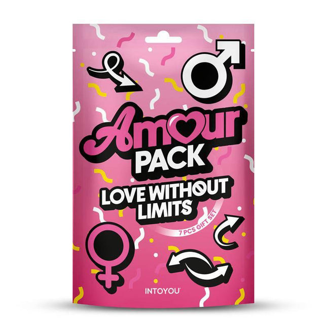Love Without Limits 7 Pcs. Gift Set package featuring symbols on a pink background for couples' exploration and connection.