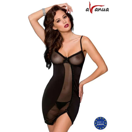 Model wearing Lovia Chemise Black from Avanua, showcasing elegant nightwear designed in Europe with luxurious, refined style.