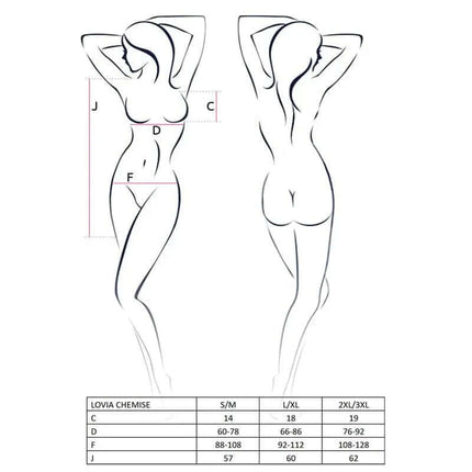 Size chart illustration for Lovia Chemise Black showing measurements and size options for optimal fit.