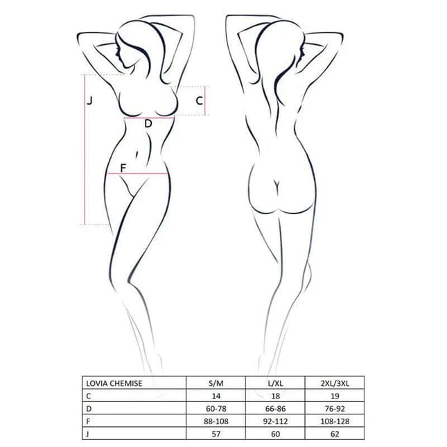 Size chart illustration for Lovia Chemise Black showing measurements and size options for optimal fit.