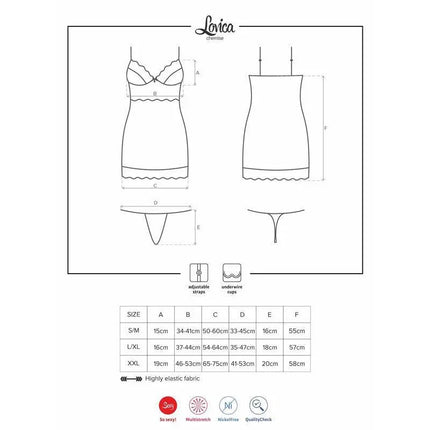 Size chart for the Lovica Chemise and Thong Red featuring measurements and design details.