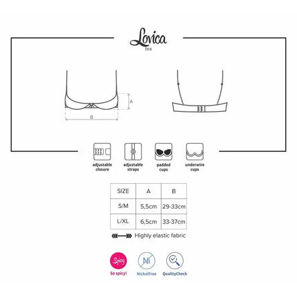 Sizing and features diagram for Lovica Half Cup Bra Red by Obsessive, showing adjustable straps, padded and underwire cups in S/M and L/XL sizes.