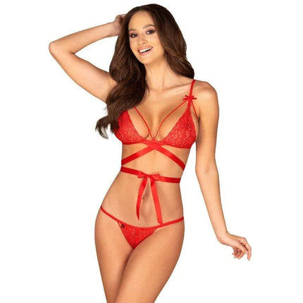 Woman wearing the Lovlea 2 Pieces Set in red, featuring a detailed bra and coordinating brief, available in sizes S/M and L/XL.