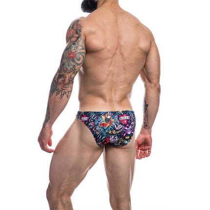 Low Rise Bikini Brief Provocative Tattoo by Cut4men, shown from the back, featuring a colorful tattoo design and modern fit.